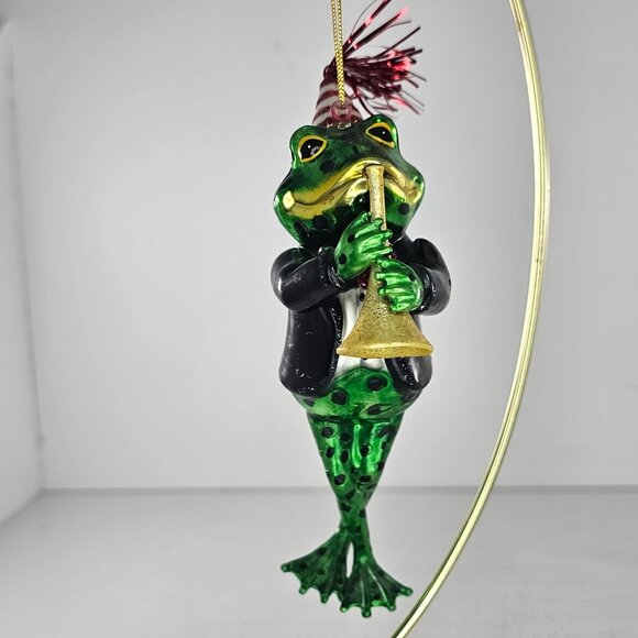 Frog Ornament Playing Trumpet With Party Hat & Tuxedo Glass - Picture 2 of 7